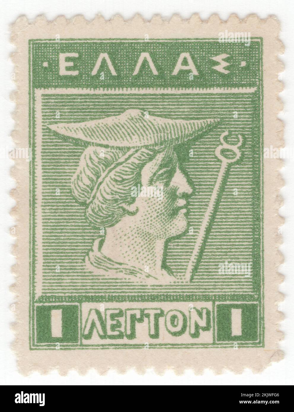 GREECE - 1911: An 1 lepta green postage stamp depicting Hermes, from Old Cretan. Designs are from Cretan and Arcadian coins of the 4th Century, B.C., Olympian deity in ancient Greek religion and mythology. Member of the Twelve Olympians. Hermes is considered the herald of the gods. He is also considered the protector of human heralds, travellers, thieves, merchants, and orators. He is able to move quickly and freely between the worlds of the mortal and the divine, aided by his winged sandals. Hermes plays the role of the psychopomp or 'soul guide'—a conductor of souls into the afterlife Stock Photo