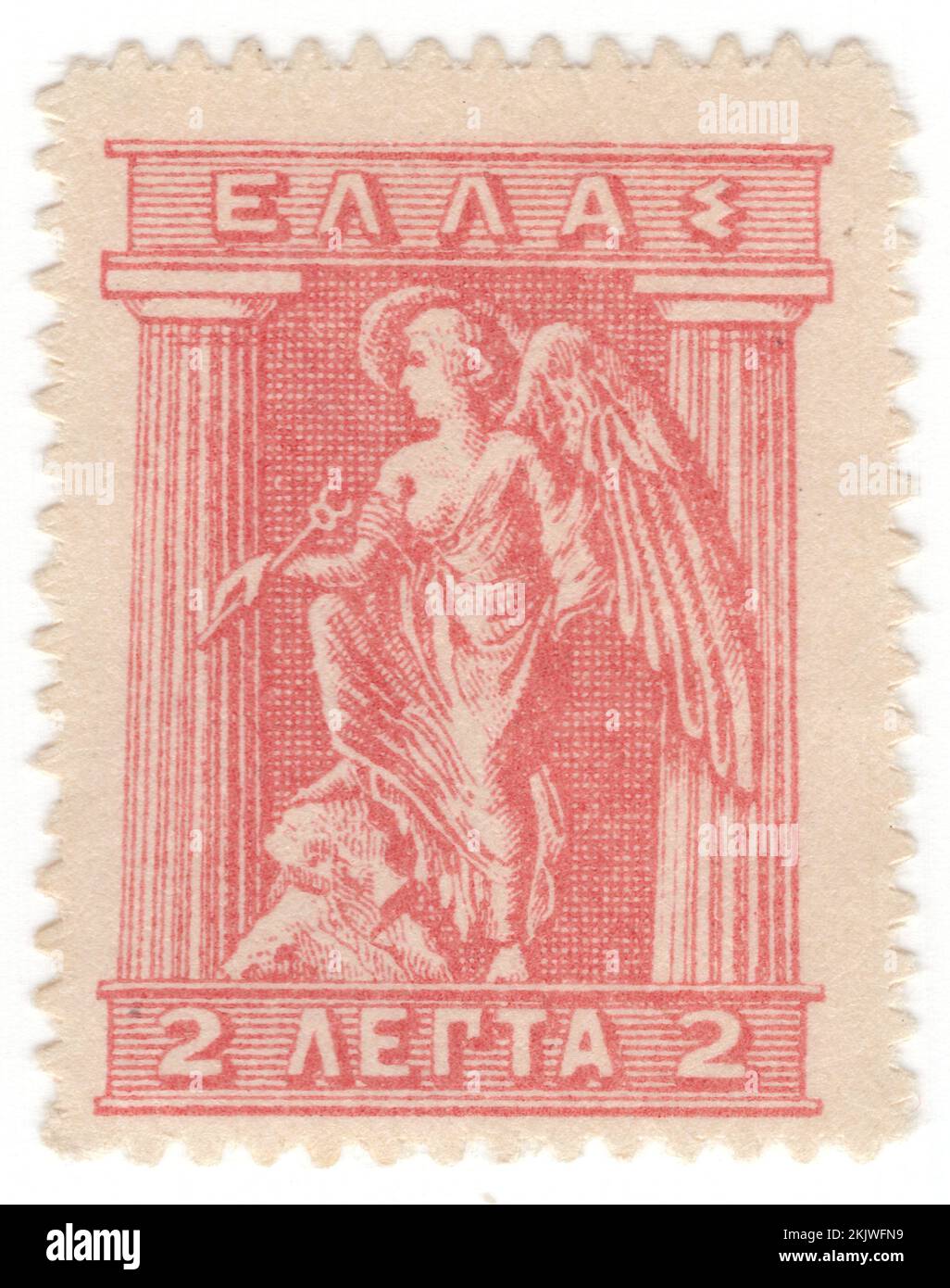 GREECE - 1911: An 20 lepta grey-lilac postage stamp depicting Iris Holding Caduceus. Designs are from Cretan and Arcadian coins of the 4th Century, B.C. In ancient Greek religion and mythology, Iris is a daughter of the gods Thaumas and Electra, the personification of the rainbow and messenger of the gods, a servant to the Olympians and especially Queen Hera. Iris appears in several stories carrying messages from and to the gods or running errands but has no unique mythology of her own Stock Photo