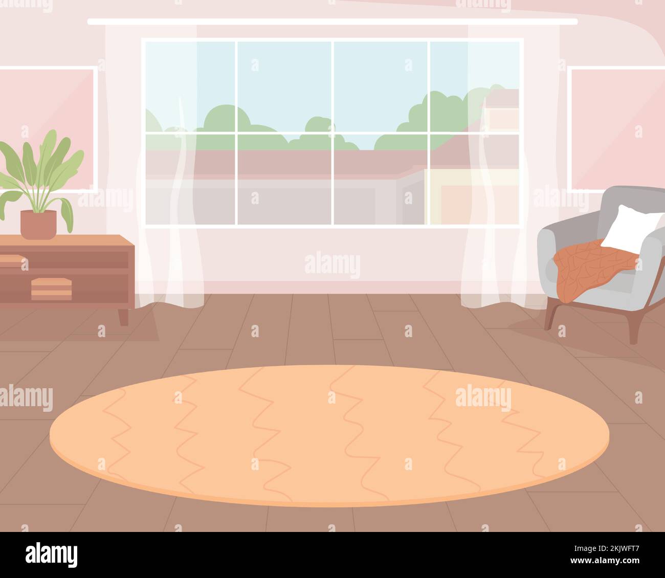 Patterned carpet near large window flat color vector illustration Stock ...