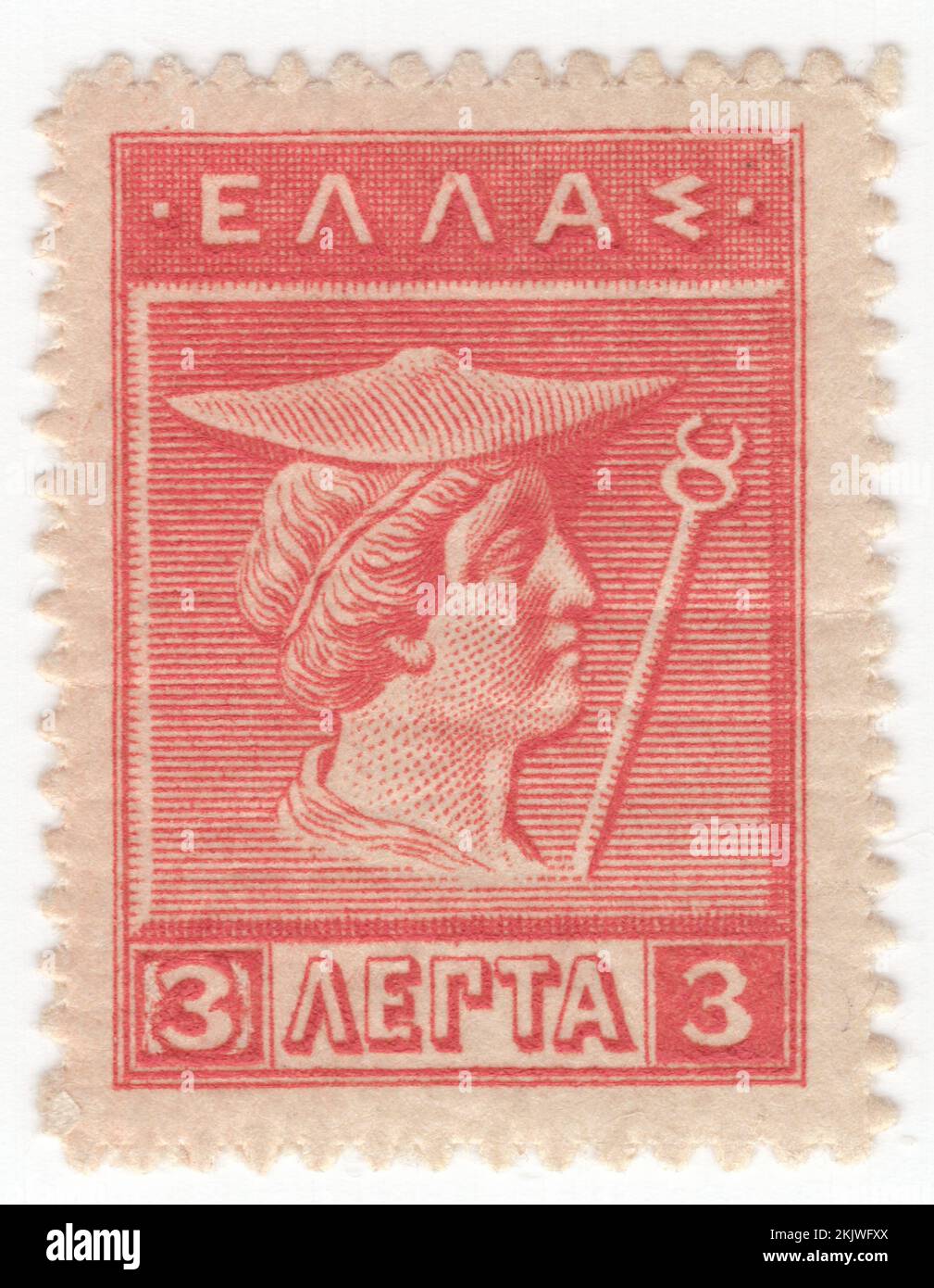 GREECE - 1911: An 3 lepta vermilion postage stamp depicting Hermes, from Old Cretan. Designs are from Cretan and Arcadian coins of the 4th Century, B.C., Olympian deity in ancient Greek religion and mythology. Member of the Twelve Olympians. Hermes is considered the herald of the gods. He is also considered the protector of human heralds, travellers, thieves, merchants, and orators. He is able to move quickly and freely between the worlds of the mortal and the divine, aided by his winged sandals. Hermes plays the role of the psychopomp or 'soul guide'—a conductor of souls into the afterlife Stock Photo