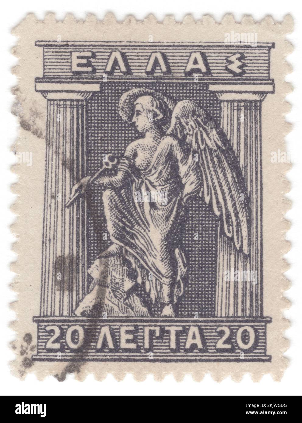 GREECE - 1911: An 20 lepta grey-lilac postage stamp depicting Iris Holding Caduceus. Designs are from Cretan and Arcadian coins of the 4th Century, B.C. In ancient Greek religion and mythology, Iris is a daughter of the gods Thaumas and Electra, the personification of the rainbow and messenger of the gods, a servant to the Olympians and especially Queen Hera. Iris appears in several stories carrying messages from and to the gods or running errands but has no unique mythology of her own Stock Photo