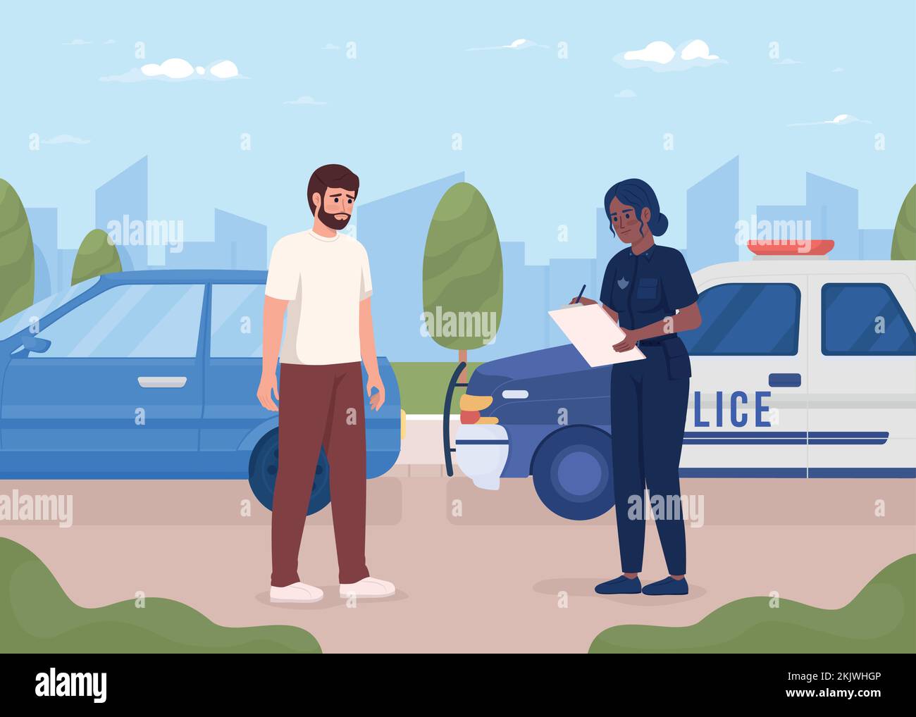 Worried bearded man pulled over by police officer flat color vector illustration Stock Vector