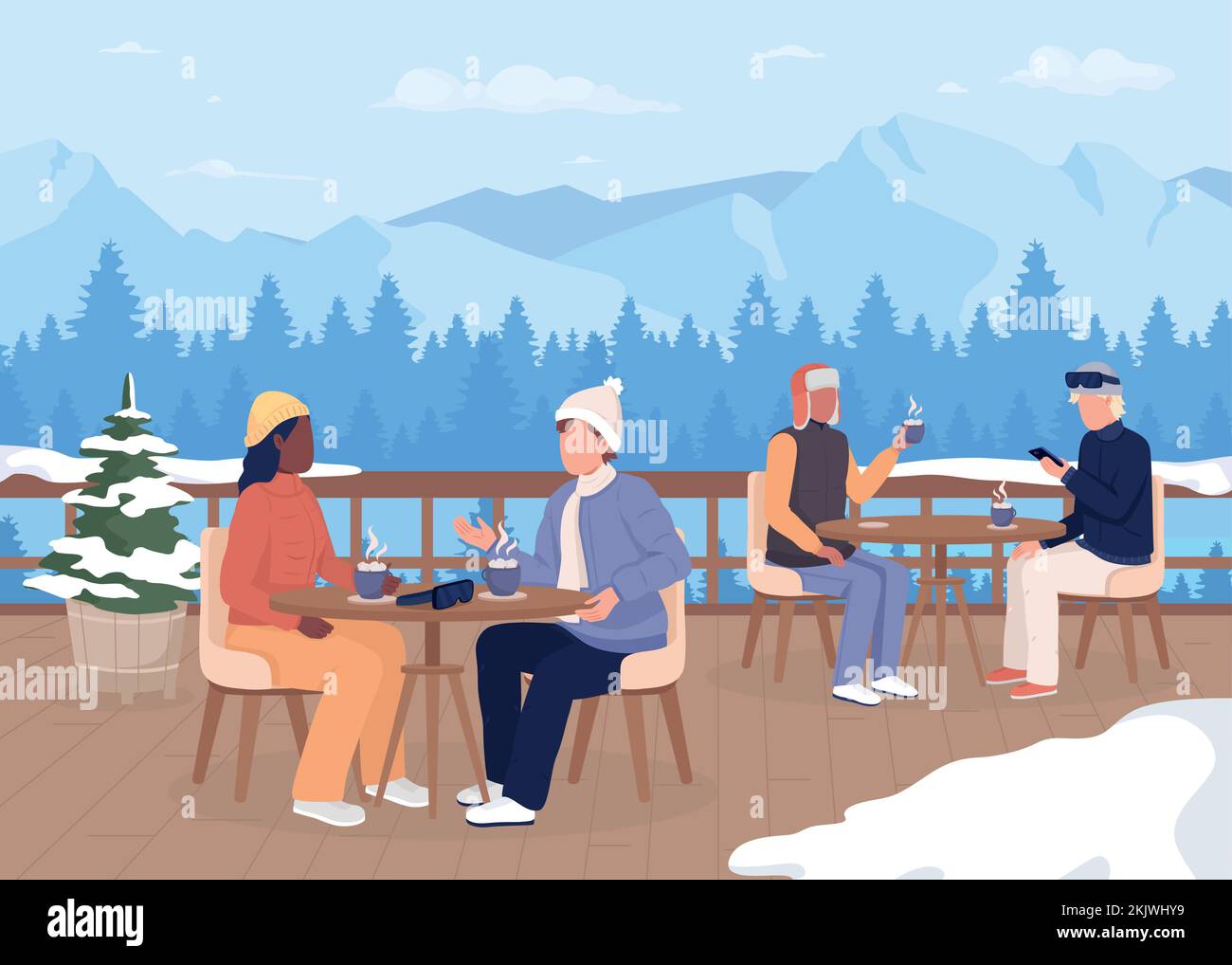 Dinner at ski resort flat color vector illustration Stock Vector