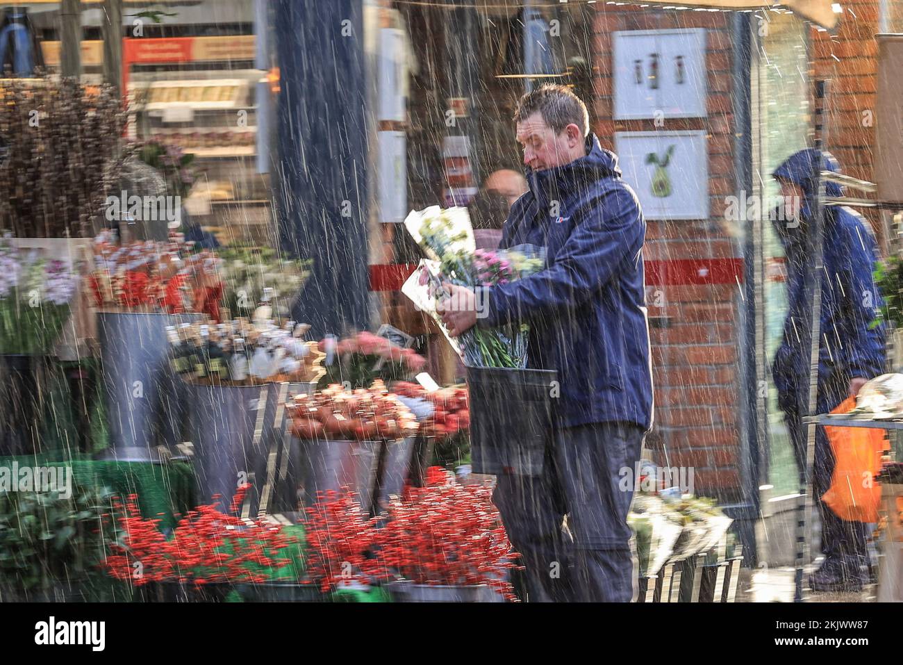A stall holder preparing his flowers on Black Friday in York at York City Centre, York, United