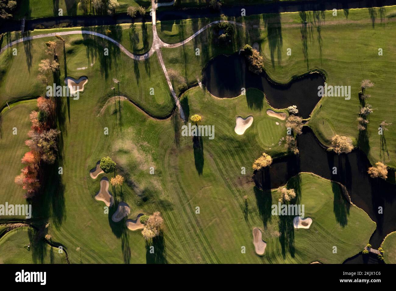 Aerial photographic documentation depicting part of a golf course Stock