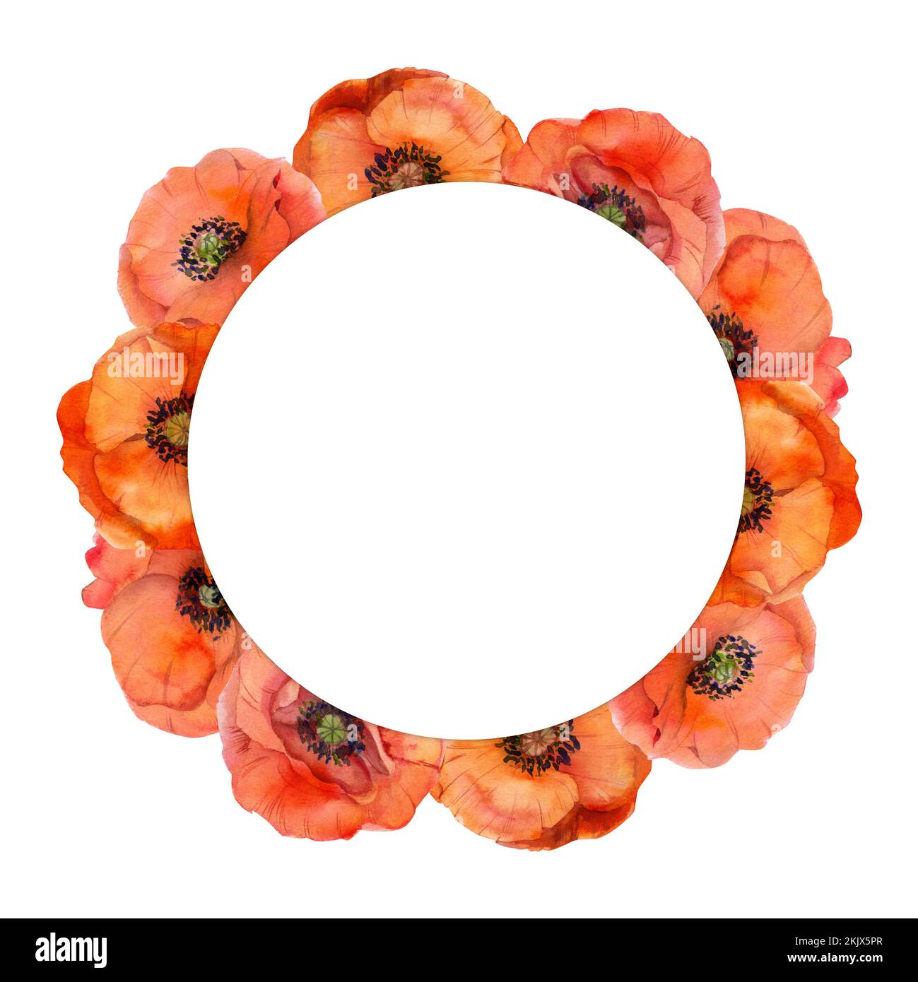 Watercolor circle frame arrangement with hand drawn summer bright red ...