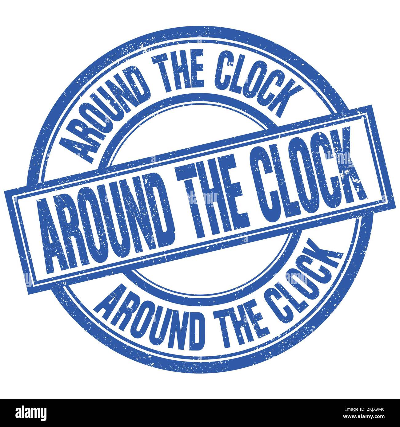 AROUND THE CLOCK text written word on blue round stamp sign Stock Photo ...