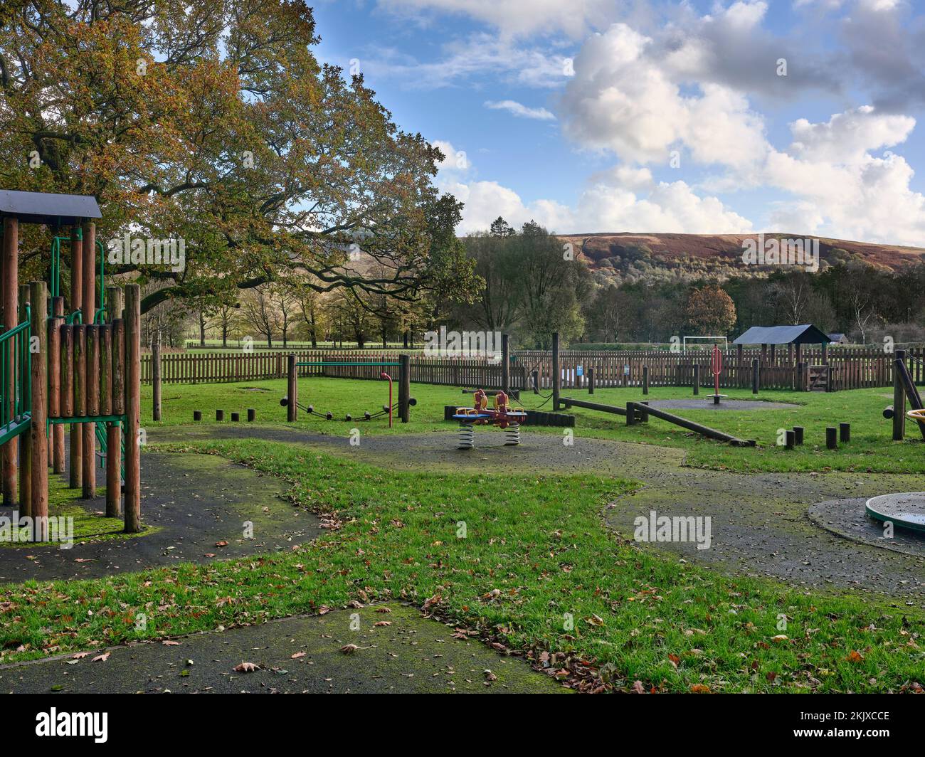 At the start of November, the unoccupied Jubilee playground at Dunsop Bridge, Lancashire Stock Photo