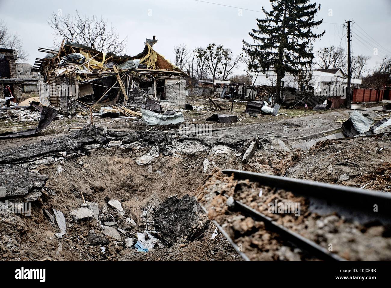 Antonin Burat / Le Pictorium -  War in Ukraine: David stands up to Goliath -  26/3/2022  -  Ukraine / OBLAST OF KYIV  -  Remains of a house that was r Stock Photo