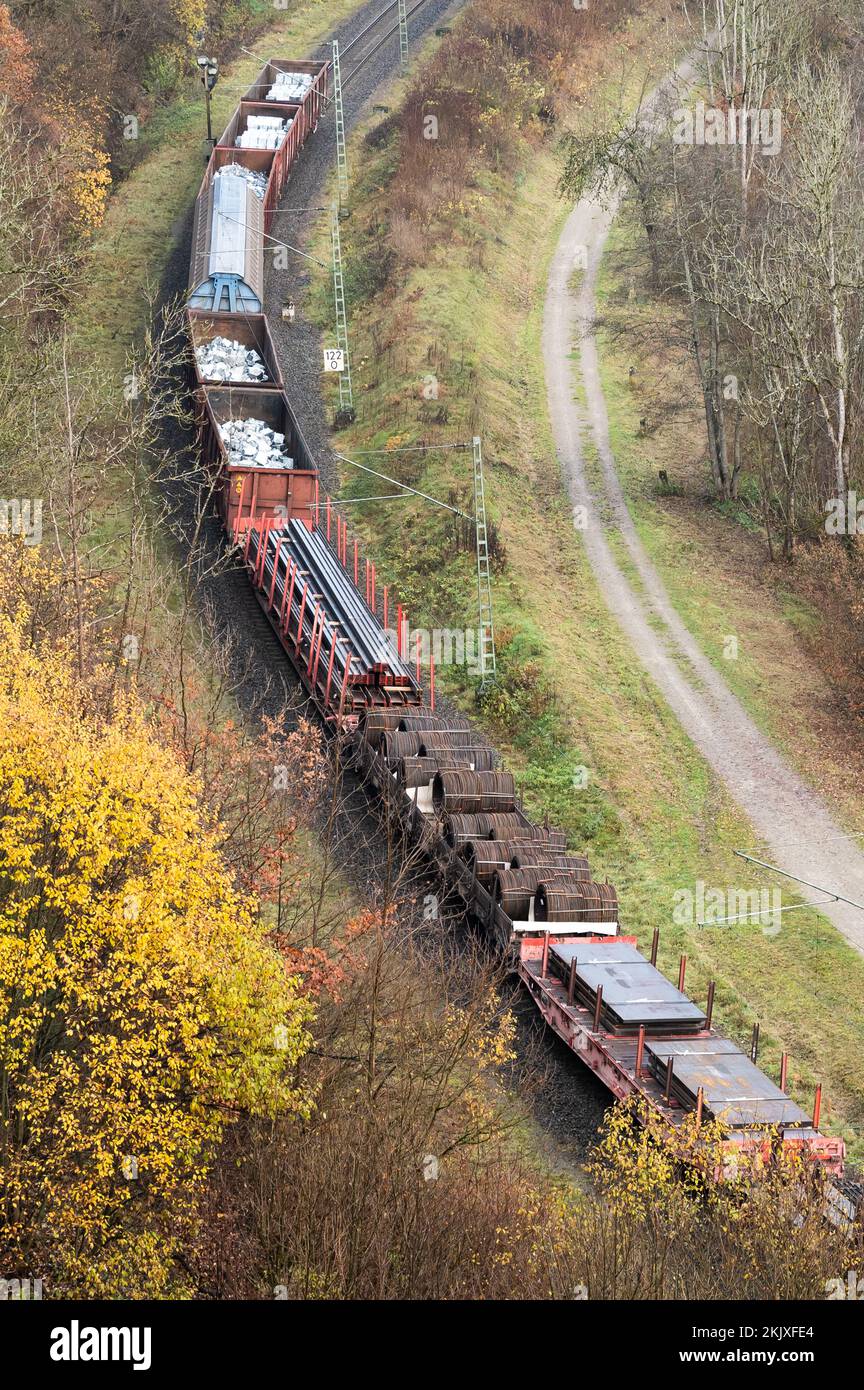 Rottweil, Germany. 25th Nov, 2022. A freight train carrying sheet metal, steel and aluminum is heading for Rottweil station. Credit: Silas Stein/dpa/Alamy Live News Stock Photo