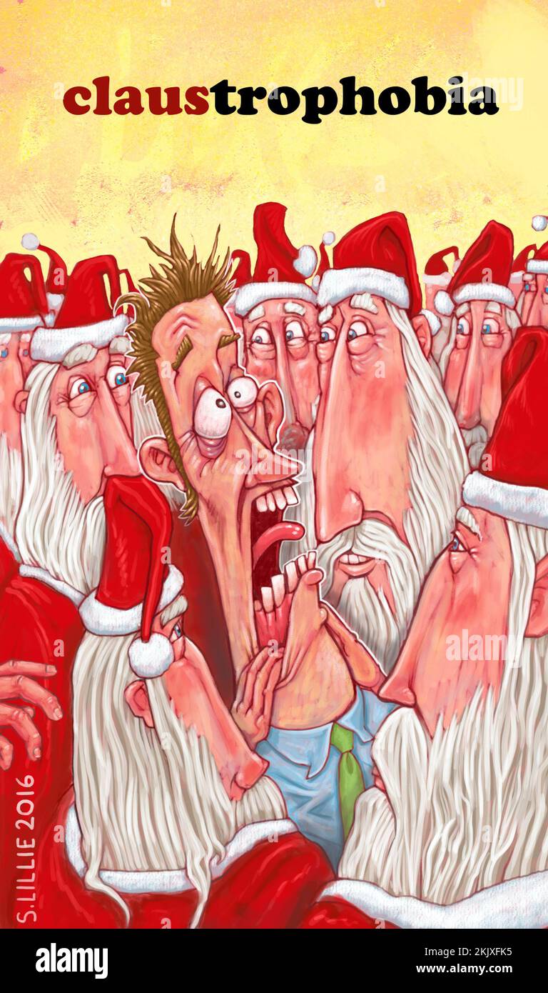 Funny Christmas art, man surrounded by store Santas is, looking horrified, the tag line reads 'claustrophobia', gag greeting card, play on Santa Claus Stock Photo