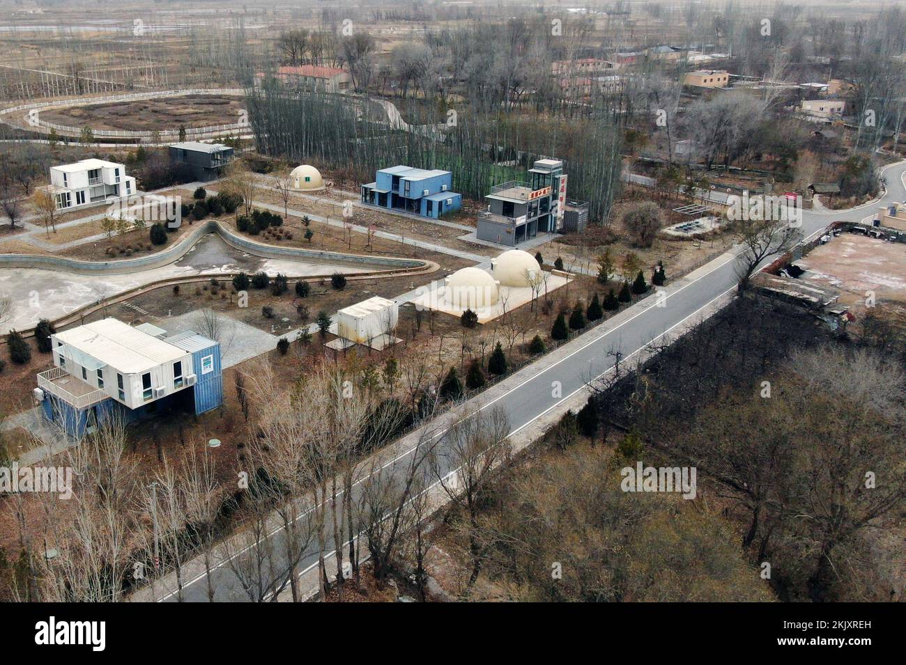 (221125) -- HOHHOT, Nov. 25, 2022 (Xinhua) -- This aerial photo taken on Nov. 24, 2022 shows the Minzhu Village of north China's Inner Mongolia Autonomous Region. TO GO WITH 'Across China: China's primary-level democracy exudes fresh vitality' (Xinhua/Li Yunping) Stock Photo