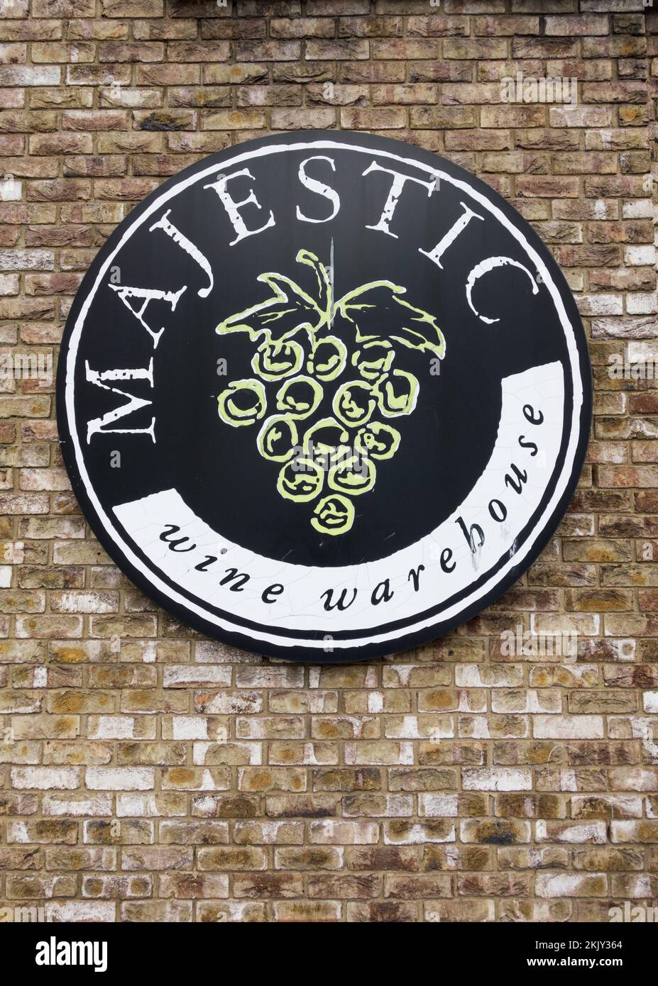 Closeup of a Majestic Wine Warehouse logo and sign, London, England, UK