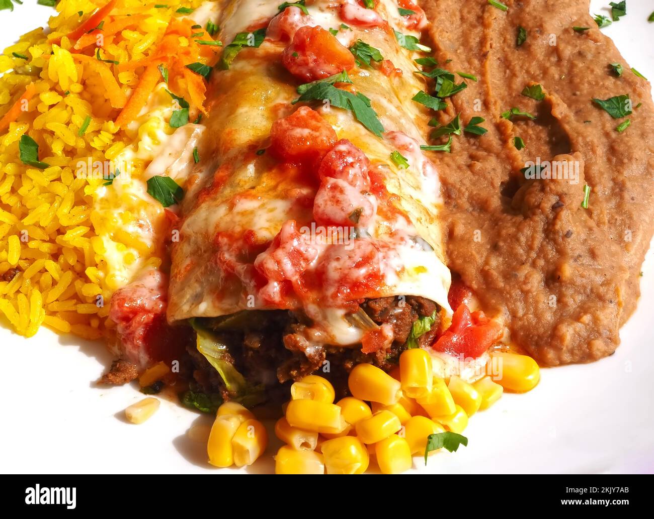 mexican burritos with refried black beans and rice Stock Photo