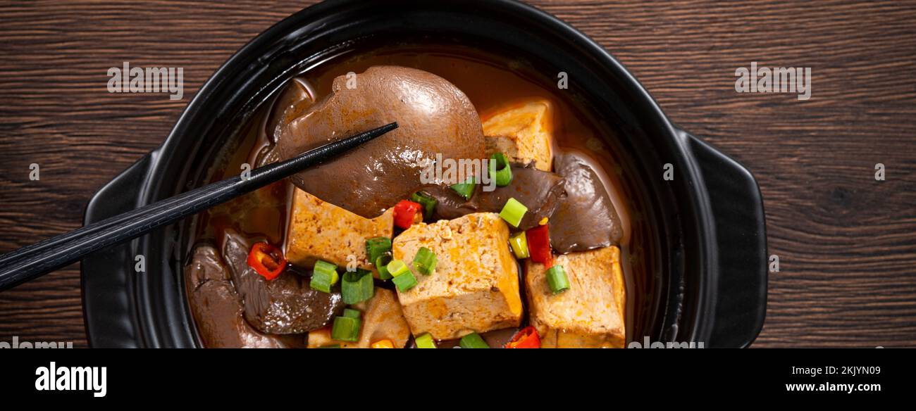 Delicious spicy duck blood jelly soup bowl and stinky tofu with