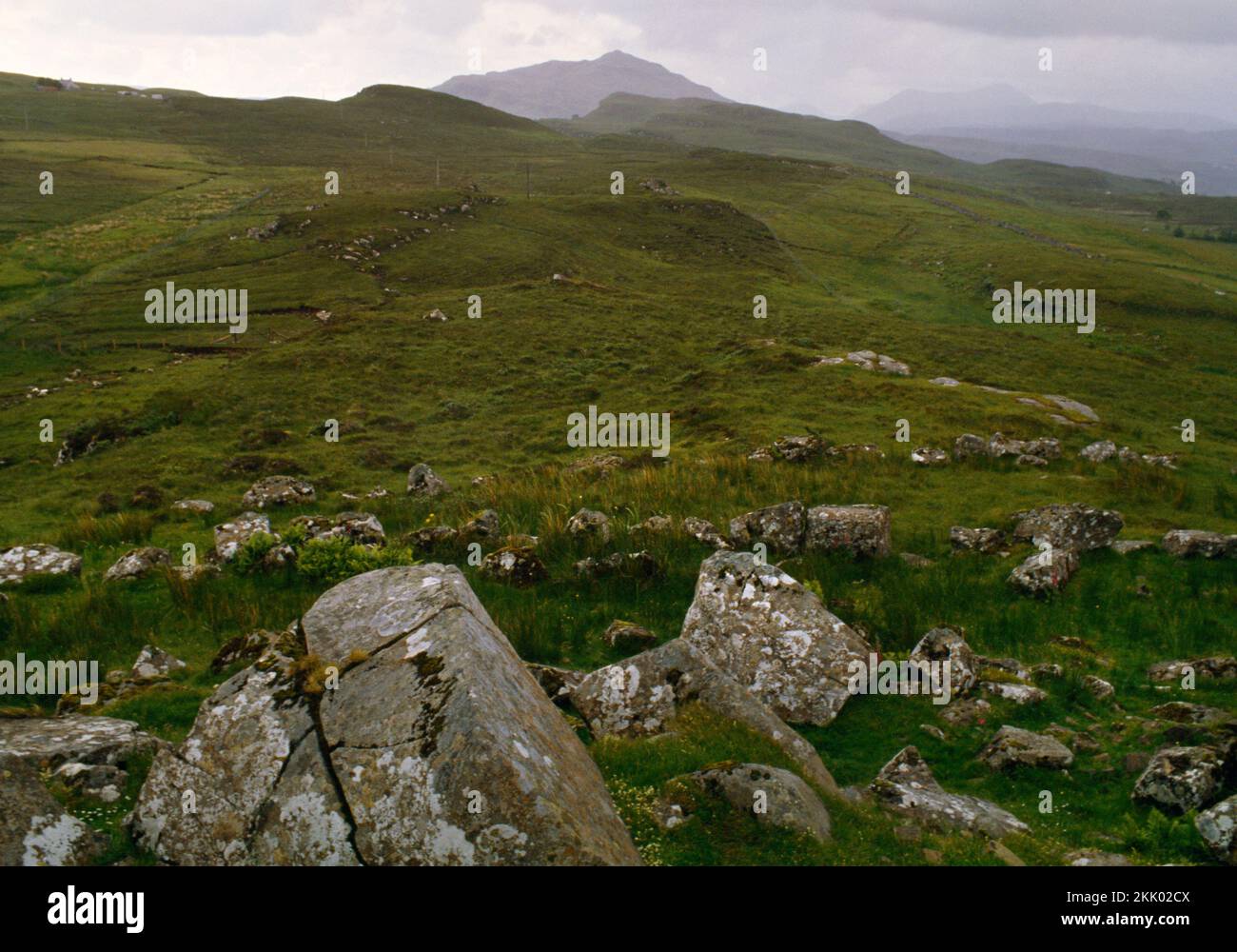 Dun Gerashader Iron Age promontory enclosure (fort), Isle of Skye, Scotland, UK, looking S from the stone rampart over lines of boulder defences. Stock Photo