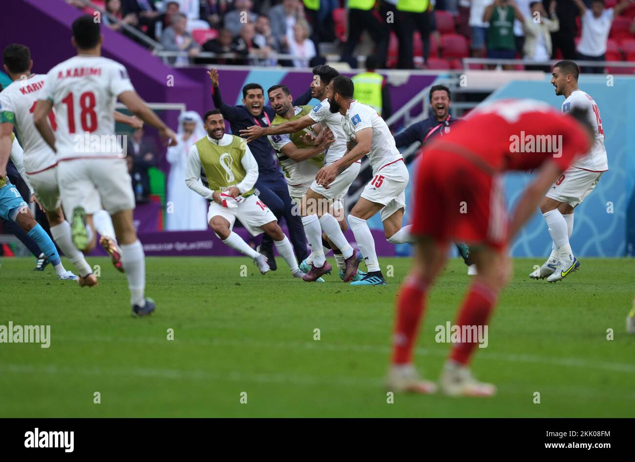 Iran's Roozbeh Cheshmi celebrates scoring their side's first goal of the game during the FIFA World Cup Group B match at the Ahmad Bin Ali Stadium, Al-Rayyan. Picture date: Friday November 25, 2022. Stock Photo