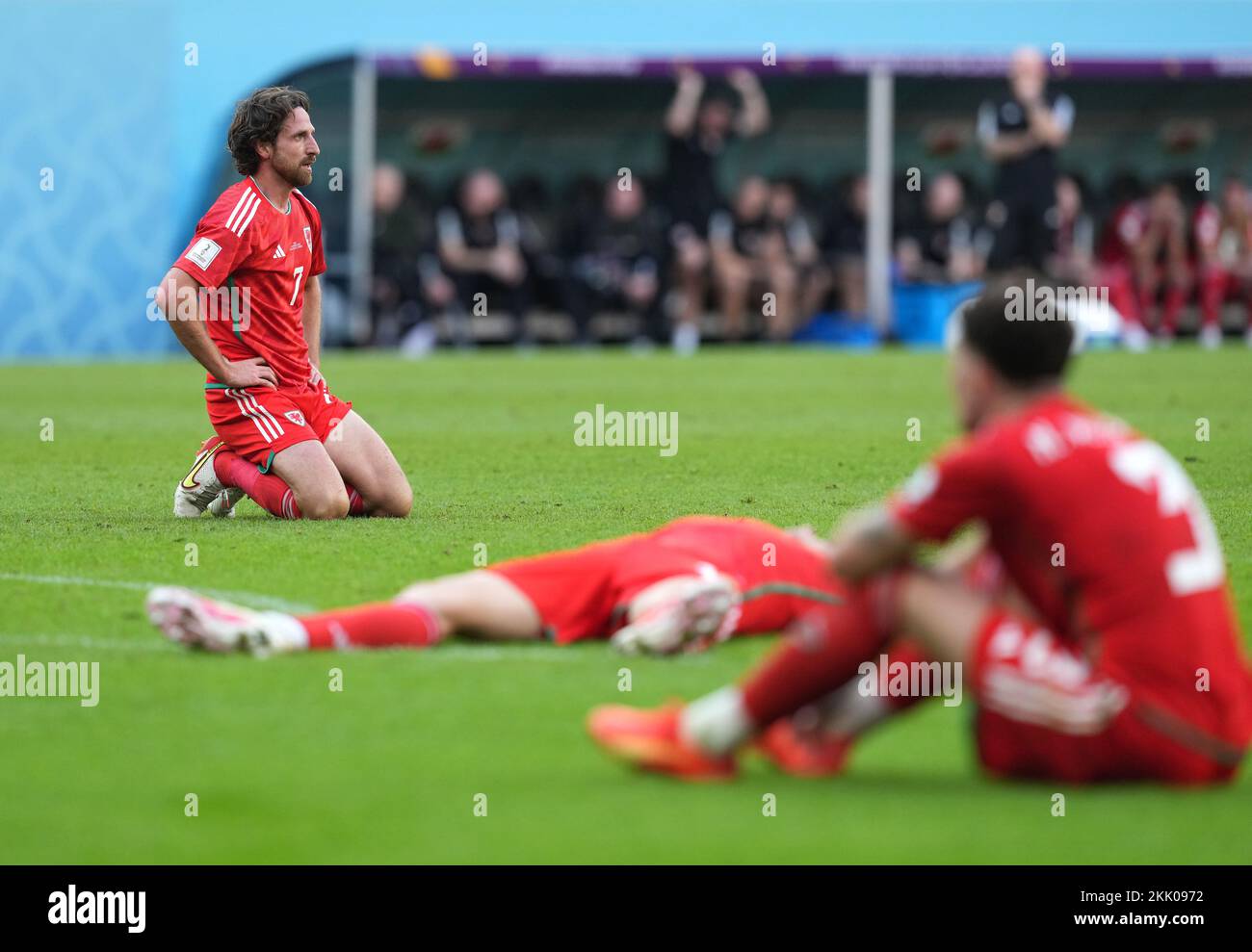 Wales' Joe Allen looks dejected after Iran's Roozbeh Cheshmi scores their side's first goal of the game during the FIFA World Cup Group B match at the Ahmad Bin Ali Stadium, Al-Rayyan. Picture date: Friday November 25, 2022. Stock Photo