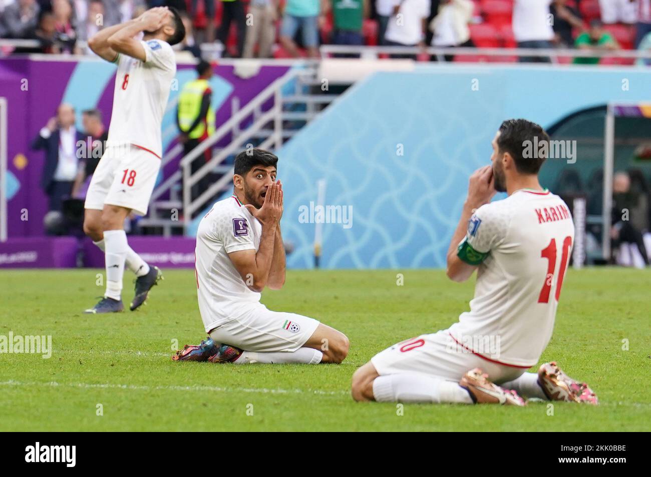 Iran's Mehdi Torabi reacts after a missed chance during the FIFA World Cup Group B match at the Ahmad Bin Ali Stadium, Al-Rayyan. Picture date: Friday November 25, 2022. Stock Photo
