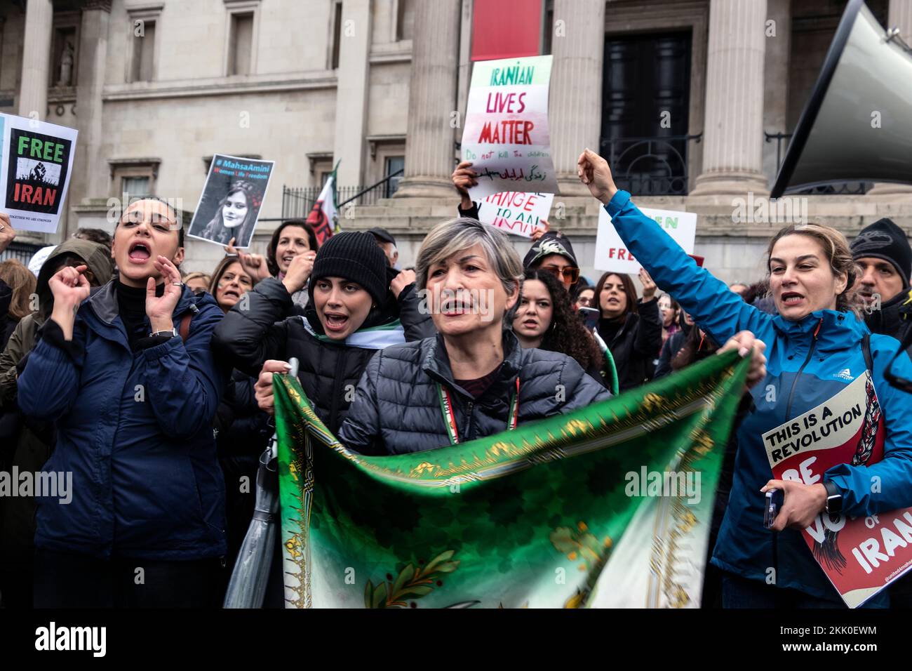 Iranians living in England protesting against the Islamic Republic in Iran. They are support ing the Womens uprising against repressive rule on wearing the hijab following death of Mahsa Amini. London November 2022 Stock Photo