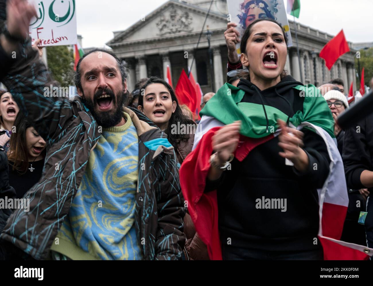 Iranians living in England protesting against the Islamic Republic in Iran. They are support ing the Womens uprising against repressive rule on wearing the hijab following death of Mahsa Amini. London November 2022 Stock Photo