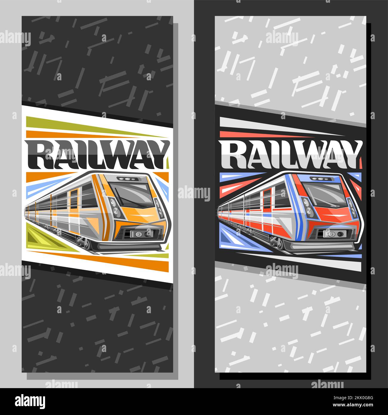 Vector vertical banner for Railway, decorative brochure with illustration of orange train rushing by railway, shipping coupon with unique brush letter Stock Vector