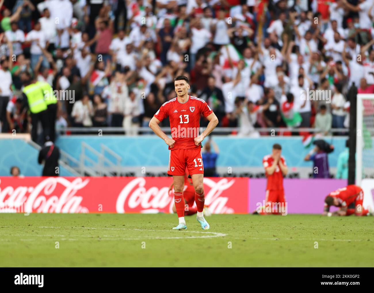 Al Rayyan, Qatar. 25th Nov, 2022. 25th November 2022; Ahmed bin Ali Stadium, Al Rayyan, Qatar; FIFA World Cup Football, Wales versus Iran; Kieffer Moore of Wales in shock and disappointed after Rouzbeh Cheshmi of Iran scored his sides 1st goal in the 98th minute to make it 0-1 Credit: Action Plus Sports Images/Alamy Live News Stock Photo