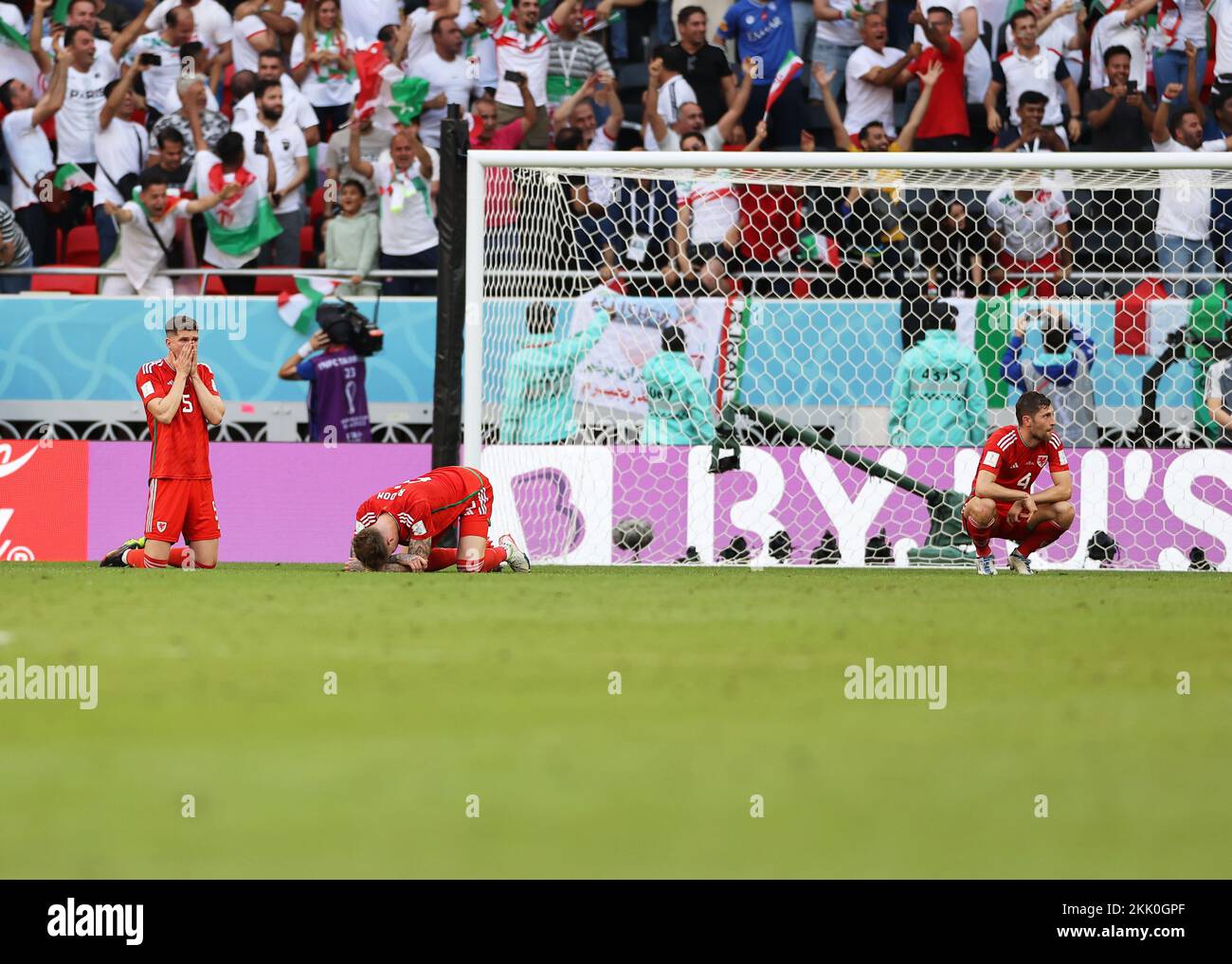 Al Rayyan, Qatar. 25th Nov, 2022. 25th November 2022; Ahmed bin Ali Stadium, Al Rayyan, Qatar; FIFA World Cup Football, Wales versus Iran; Chris Mepham, Ben Davies and Joe Rodon of Wales in shock and disappointed after Rouzbeh Cheshmi of Iran scored his sides 1st goal in the 98th minute to make it 0-1 Credit: Action Plus Sports Images/Alamy Live News Stock Photo