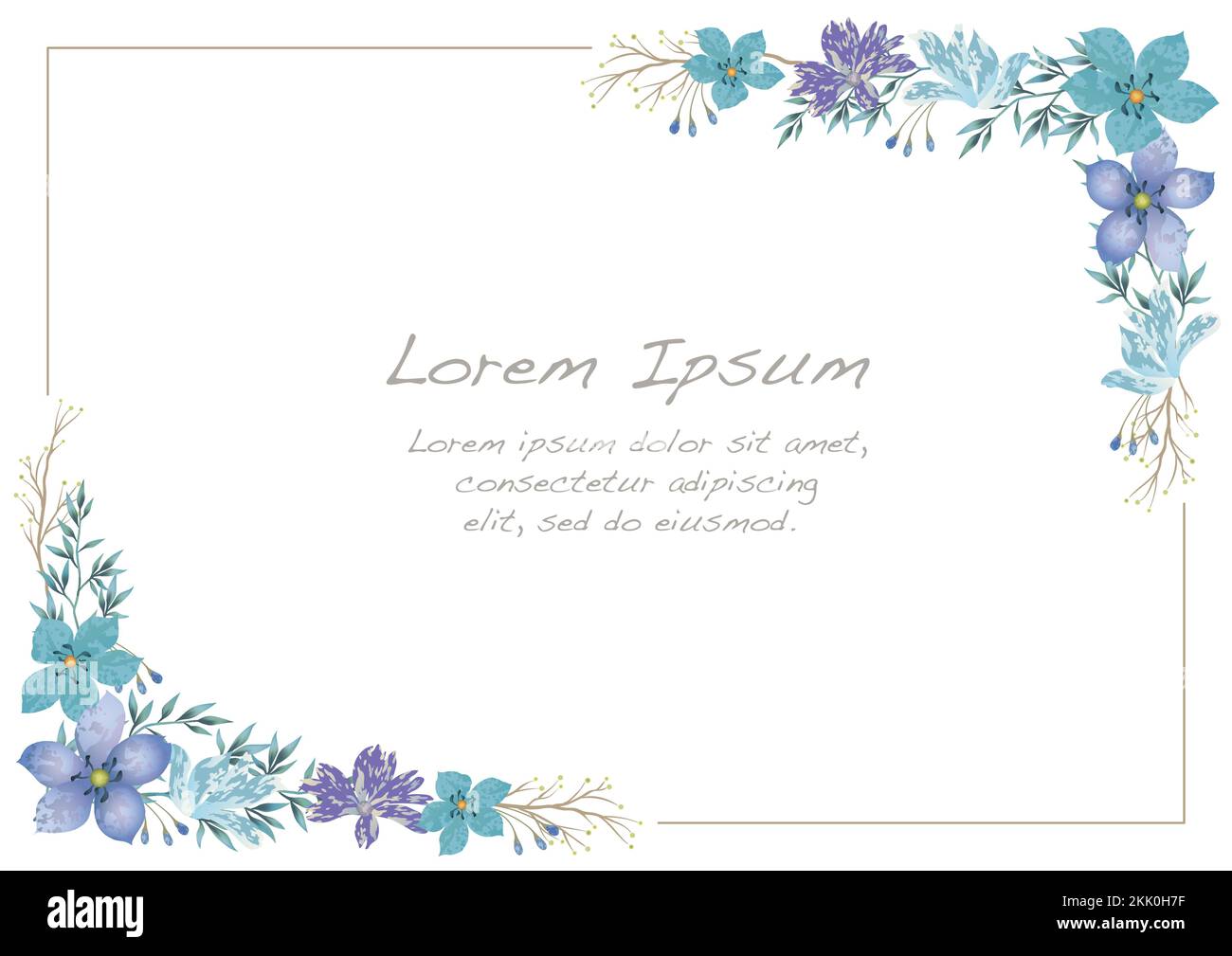 Vector Watercolor Rectangle Blue Floral Frame Isolated On A White