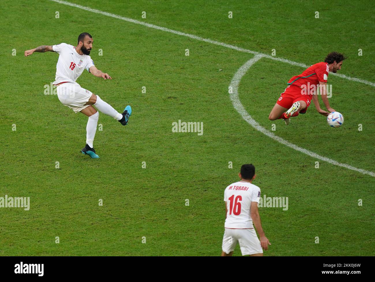 Iran's Roozbeh Cheshmi scores the opening goal during the FIFA World Cup Group B match at the Ahmad Bin Ali Stadium, Al-Rayyan. Picture date: Friday November 25, 2022. Stock Photo