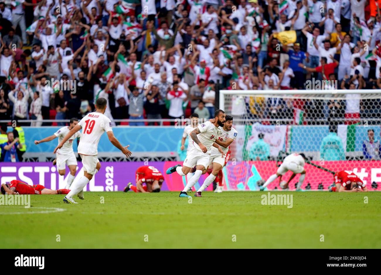 Iran's Roozbeh Cheshmi (centre) celebrates scoring their side's first goal of the game during the FIFA World Cup Group B match at the Ahmad Bin Ali Stadium, Al-Rayyan. Picture date: Friday November 25, 2022. Stock Photo