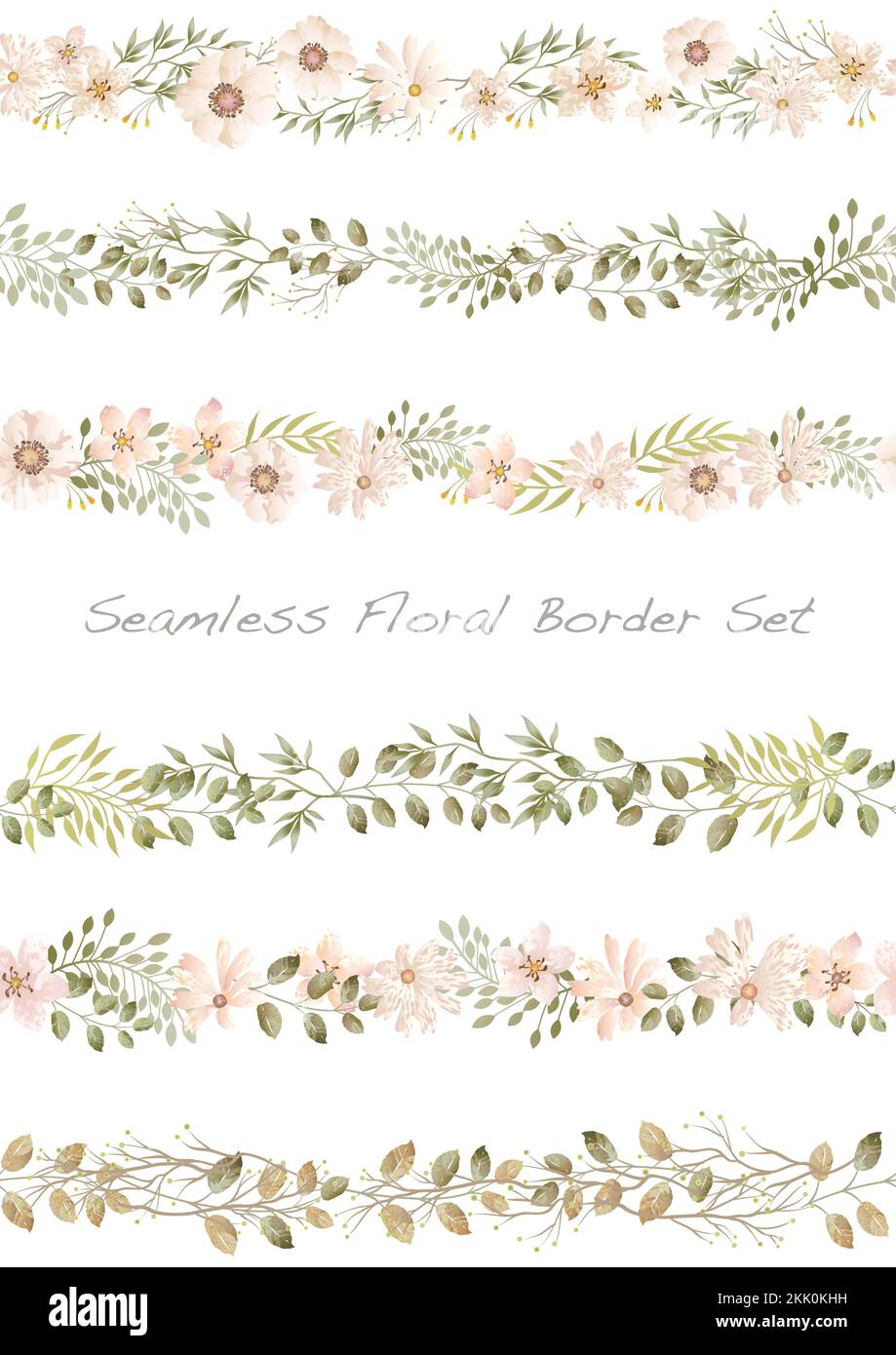 Seamless Vector Watercolor Floral Border Set Isolated On A White ...