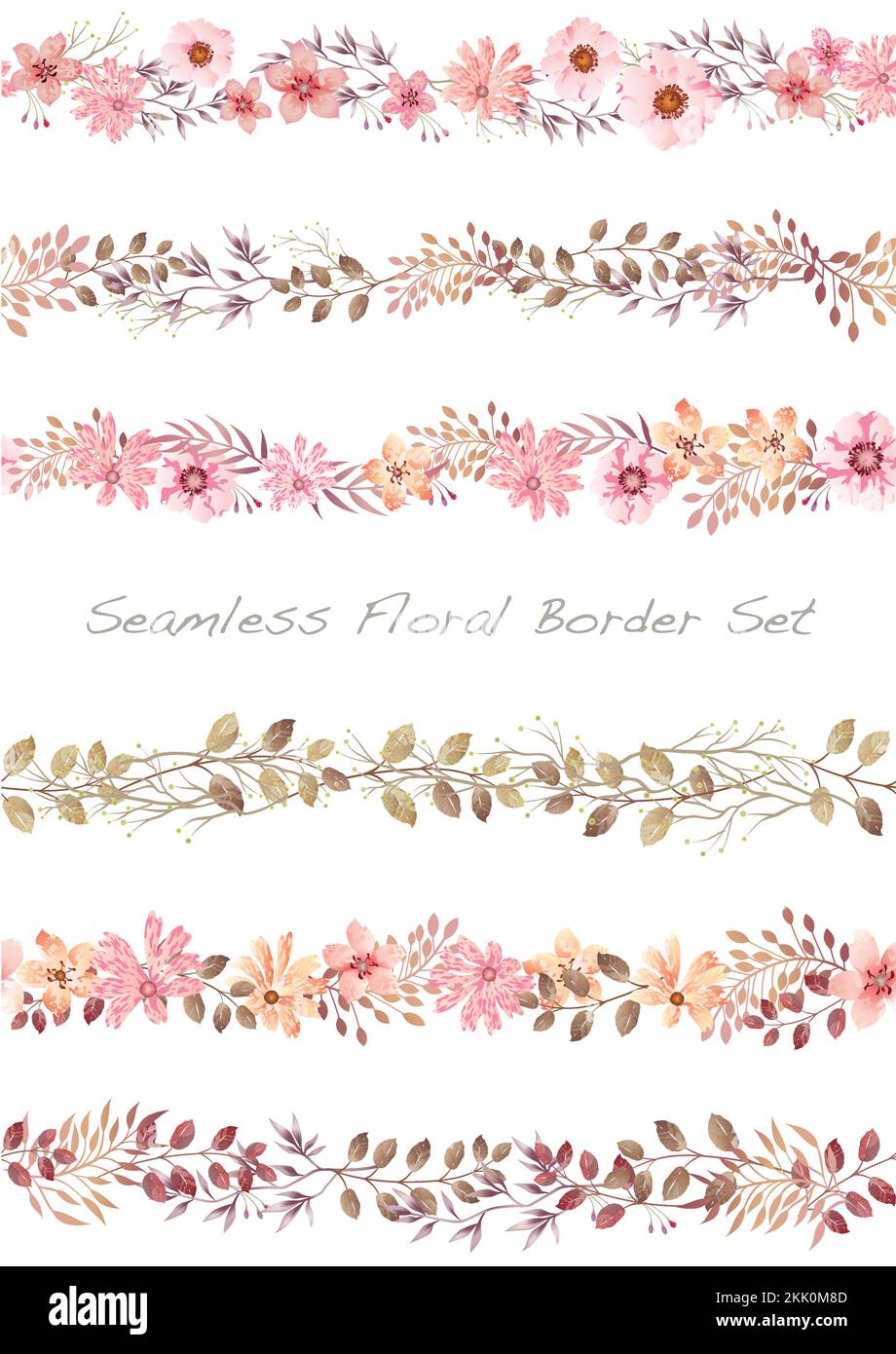 Seamless Vector Watercolor Floral Border Set Isolated On A White ...