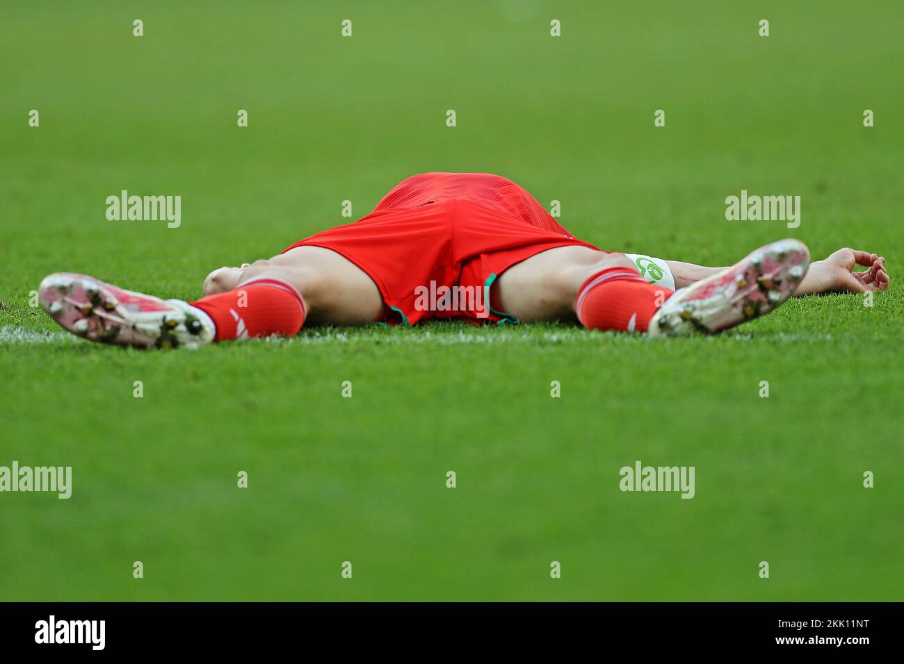 25th November 2022; Ahmed bin Ali Stadium, Al Rayyan, Qatar; FIFA World Cup Football, Wales versus Iran; Gareth Bale of Wales falls to the pitch in disappointment after the goal from Rouzbeh Cheshmi of Iran Stock Photo