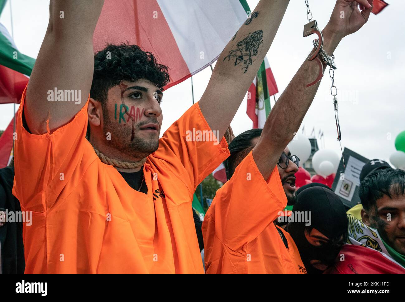 Iranians living in England protesting against the Islamic Republic in Iran. They are support ing the Womens uprising against repressive rule on wearin Stock Photo