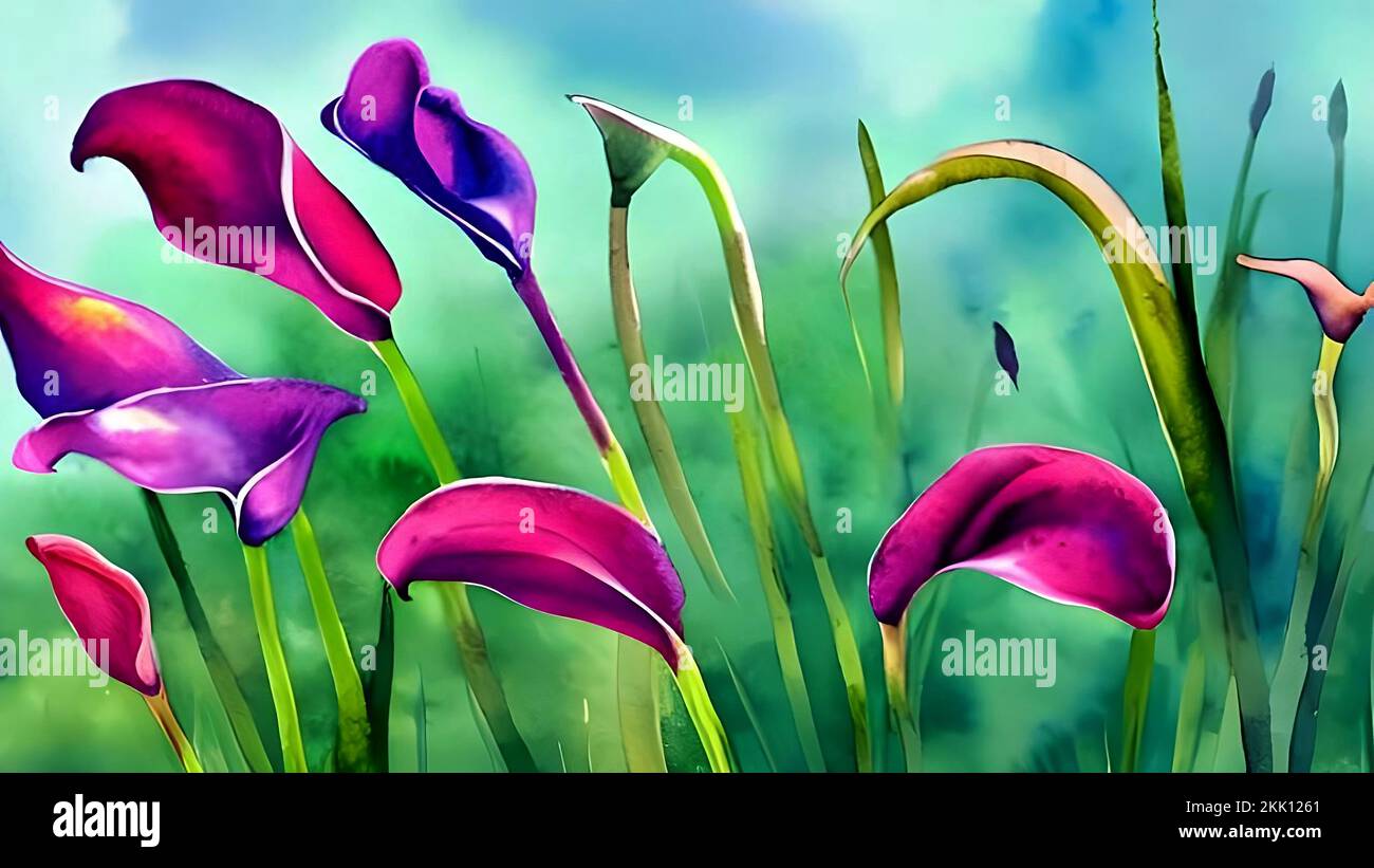 watercolor painting calla lily flowers illustration, colorful