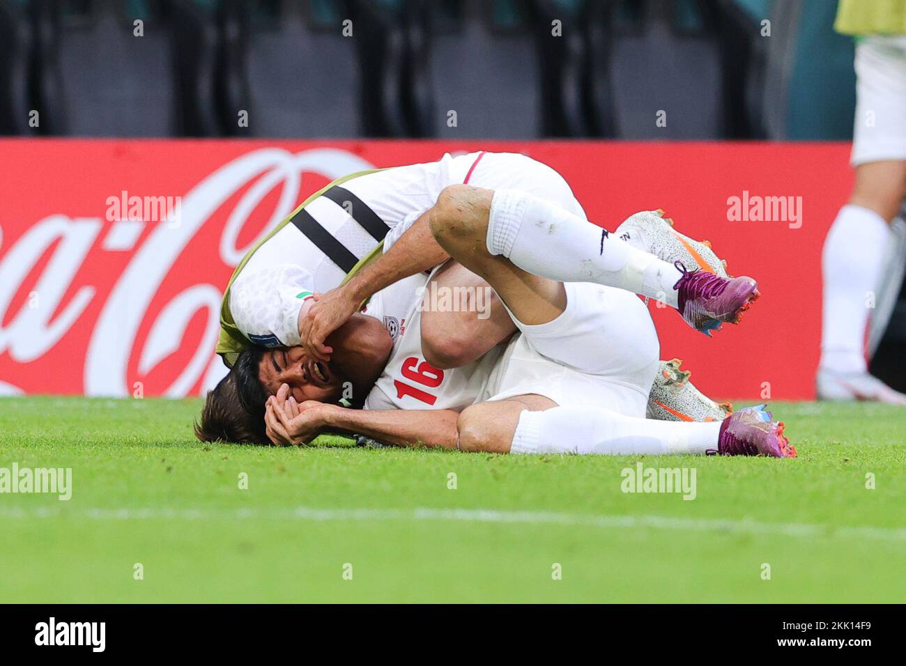 Doha, Qatar. 25th Nov, 2022. Mehdi Torabi of Iran celebrates with Sardar Azmoun of Iran during the FIFA World Cup Qatar 2022 Group B match between Wales and Iran at the Ahmad Bin Ali Stadium, Doha, Qatar on 25 November 2022. Photo by Peter Dovgan. Editorial use only, license required for commercial use. No use in betting, games or a single club/league/player publications. Credit: UK Sports Pics Ltd/Alamy Live News Credit: UK Sports Pics Ltd/Alamy Live News Stock Photo