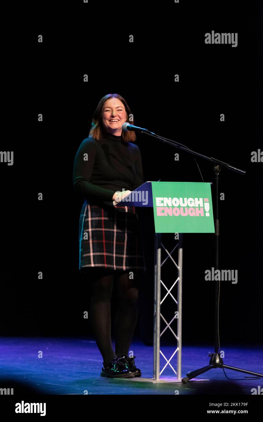 Emma Gracie speaking at a Enough is Enough protest rally in the Palace Theatre, Westcliff on Sea, Essex, UK. Protesting austerity. Nurse Stock Photo