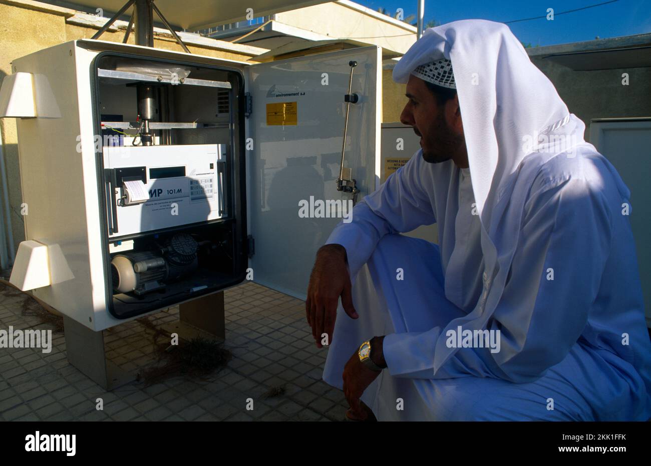 Dubai UAE Man using Machinery Monitoring Air Pollution Stock Photo Alamy
