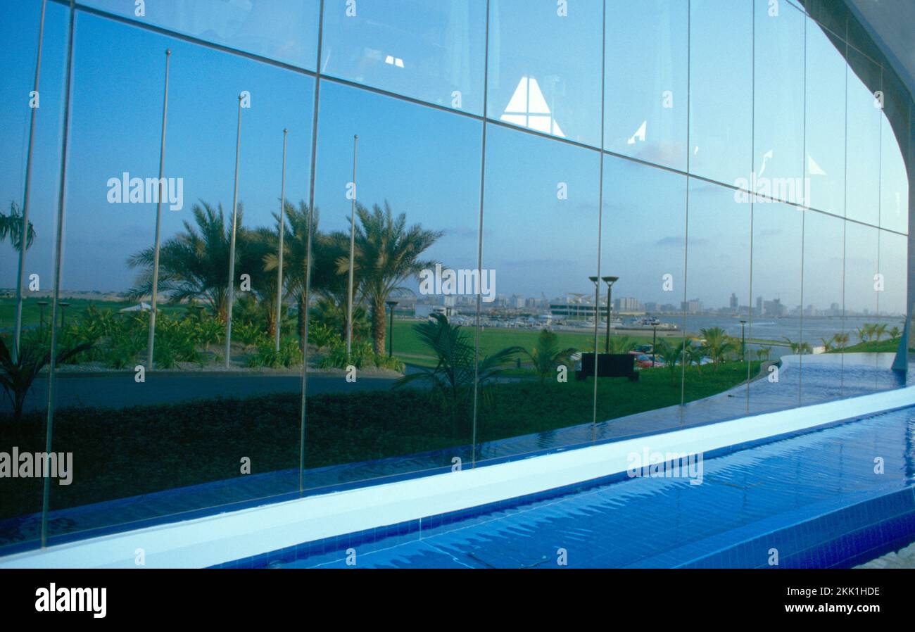 Dubai UAE Dubai Creek Golf Club Reflection in Windows Stock Photo