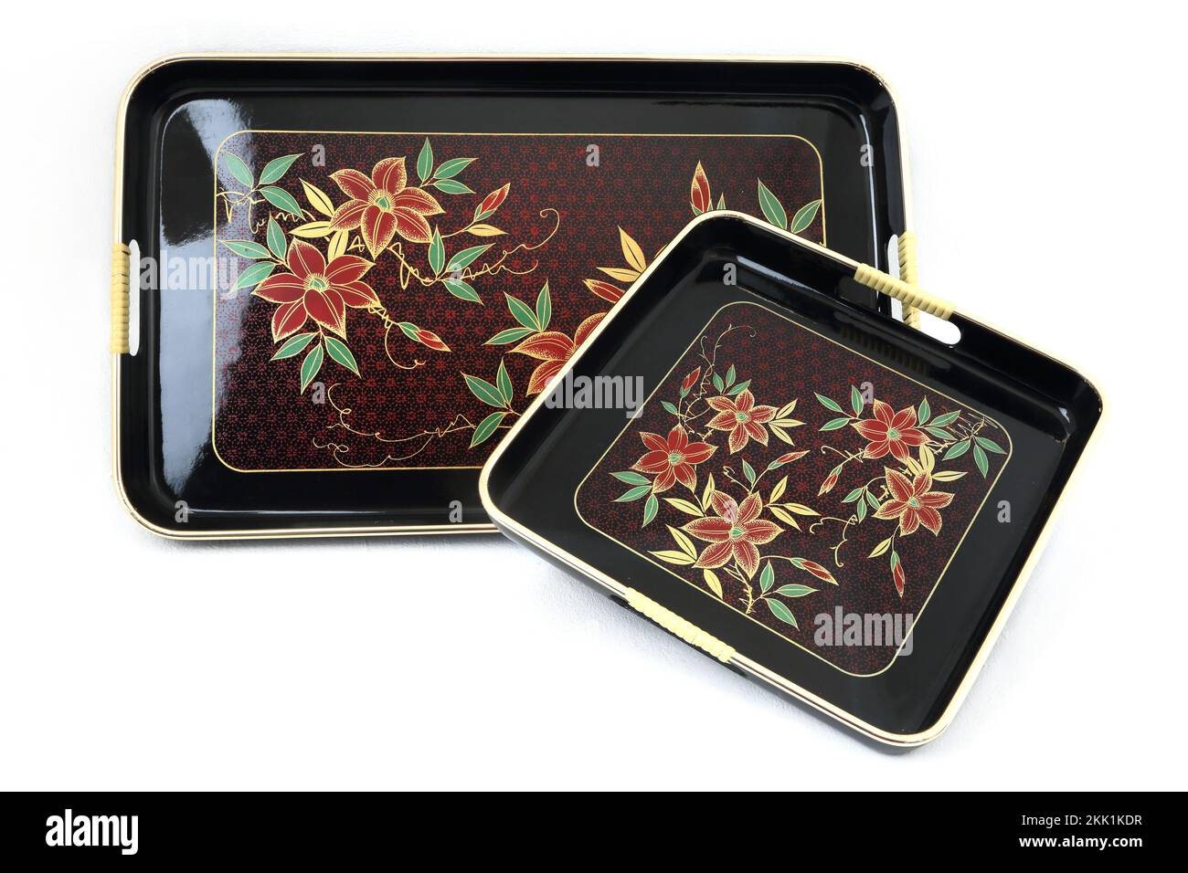 Two Vintage Laquered Japanese Trays with Poinsettias Stock Photo
