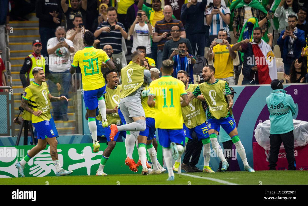 Doha, Qatar. 24th Nov, 2022.  Goal celebration: Richarlison (Brasilien), Vinicius Junior (Brasilien), Raphinha (Brasilien) Brazil - Serbia  World Cup Stock Photo