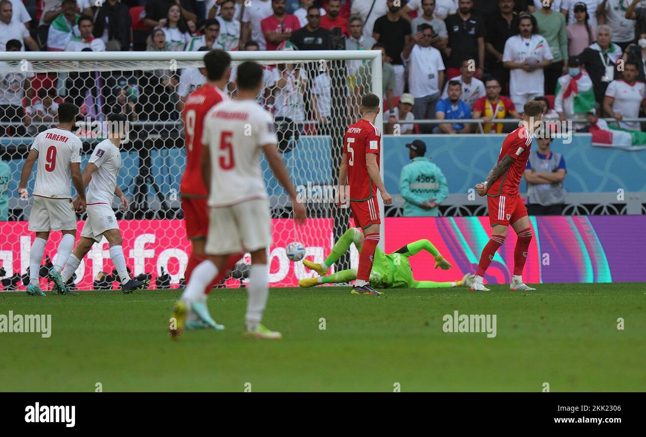 November 25th, 2022, Khalifa International Stadium, Doha, QAT, World Cup FIFA 2022, Group B, Wales vs Iran, in the picture IranÂ's defender Roozbeh Cheshmi scores the goal to 0:1 Stock Photo