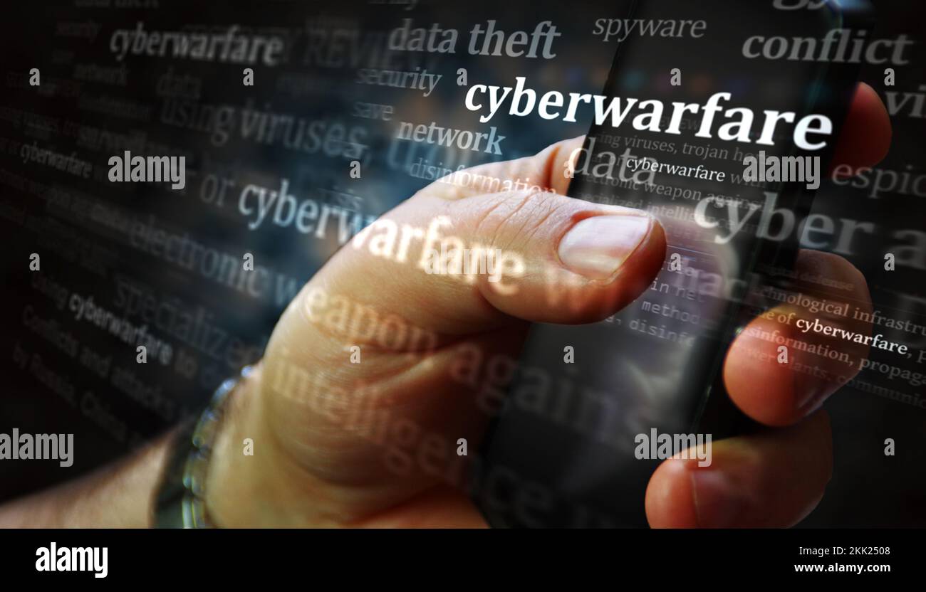 Social media on display with Cyberwarfare, hacking and security breach. Searching on tablet, pad, phone or smartphone screen in hand. Abstract concept Stock Photo