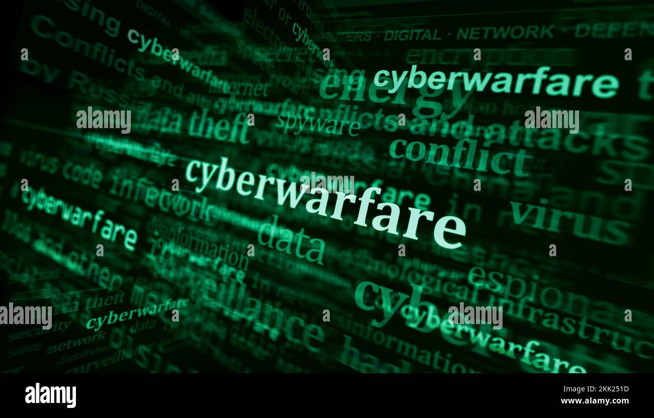Headline news across international media with Cyberwarfare, cyber attack, security and war. Abstract concept of news titles on noise displays. TV glit Stock Photo