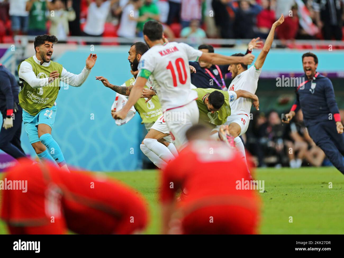 Doha, Qatar. 25th Nov, 2022. Rouzbeh Cheshmi of Iran, celebrates his goal during the match between Wales and Iran, for the 2nd round of Group B of the FIFA World Cup Qatar 2022, Ahmed bin Ali Stadium this Friday 25. 30761 (Heuler Andrey/SPP) Credit: SPP Sport Press Photo. /Alamy Live News Stock Photo