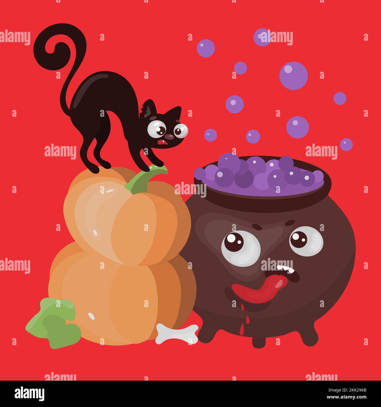 HUNGRY CAULDRON Halloween Cat Funny Flat Design Cartoon Hand Drawn Vector Illustration Set For Print Stock Vector