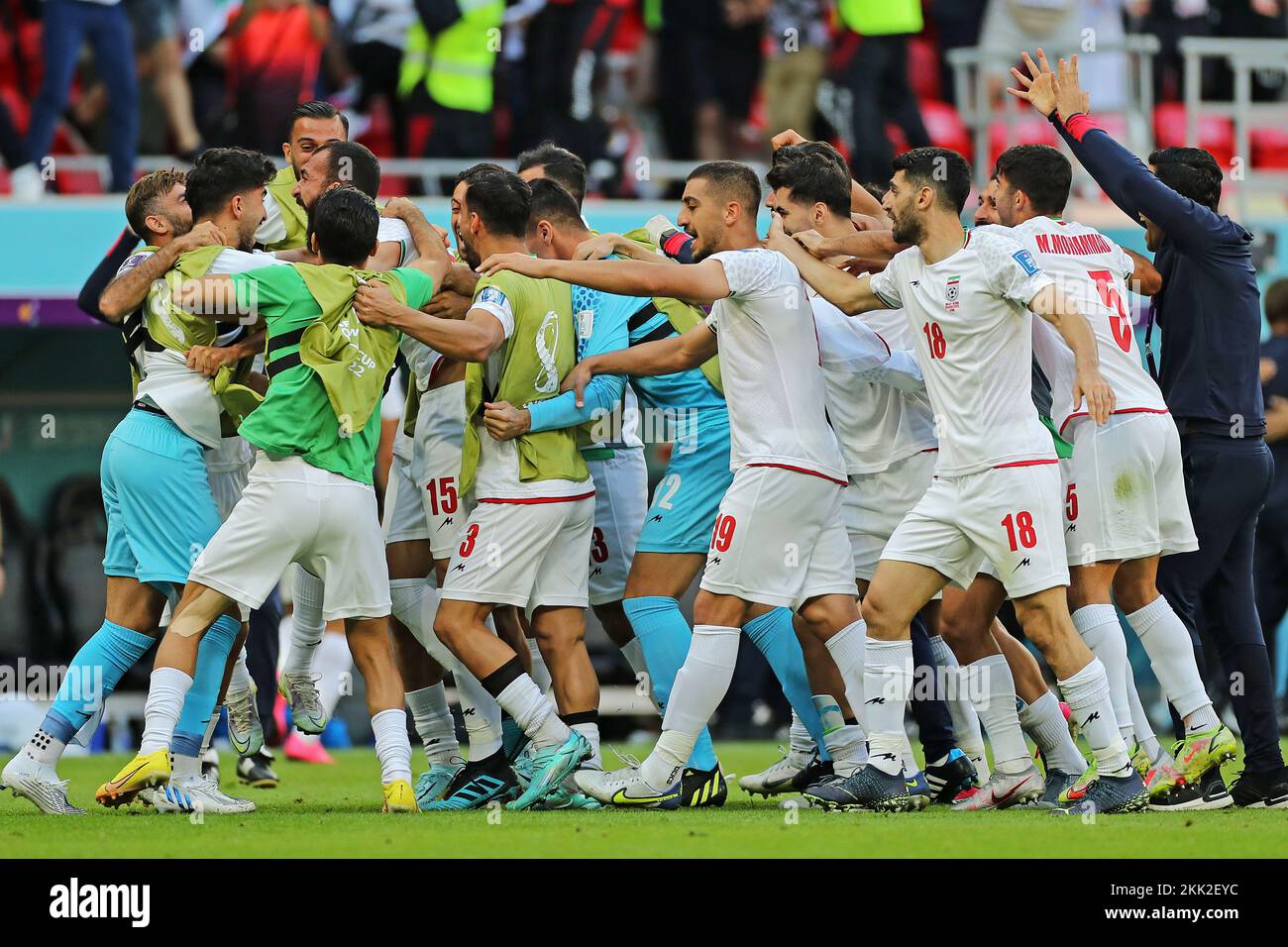 25th November 2022; Ahmed bin Ali Stadium, Al Rayyan, Qatar; FIFA World Cup Football, Wales versus Iran; Players of Iran, celebrate the goal from Rouzbeh Cheshmi Stock Photo