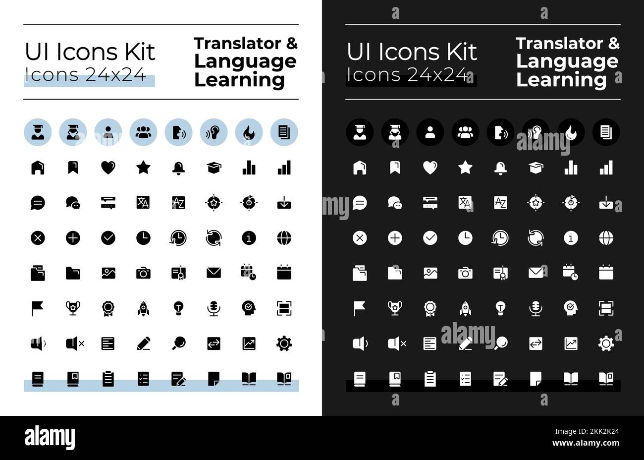 Translator glyph ui icons set for dark, light mode Stock Vector