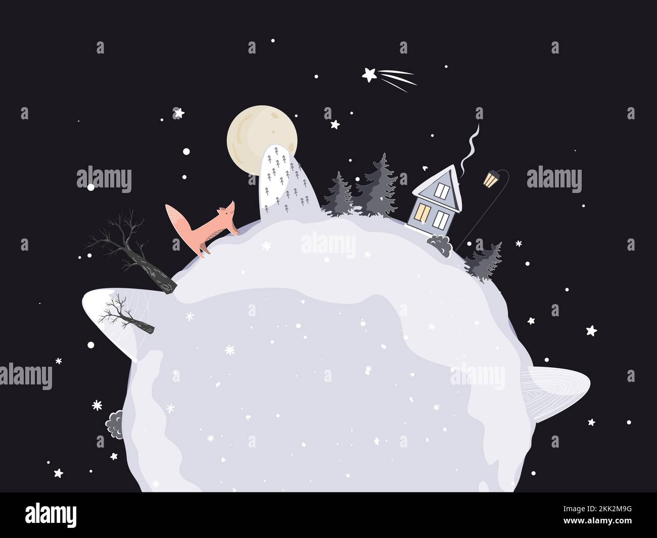 Doodle Winter Planet with a place for greeting text. Cute small Xmas planet with a fox, house and tress. Christmas and New Year card. Vector Stock Vector